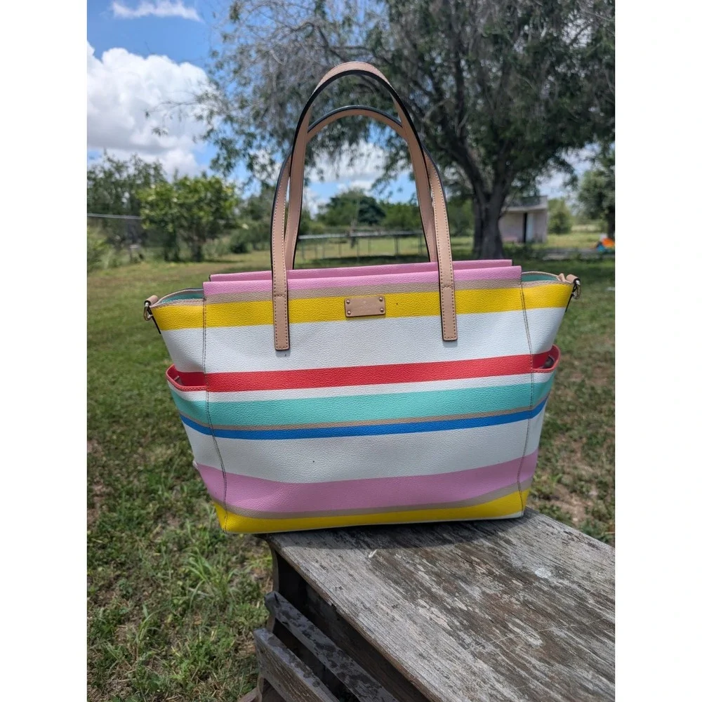 Kate Spade Grove Street Kaylie Diaper Tote Purse Bag Classic Striped Rainbow